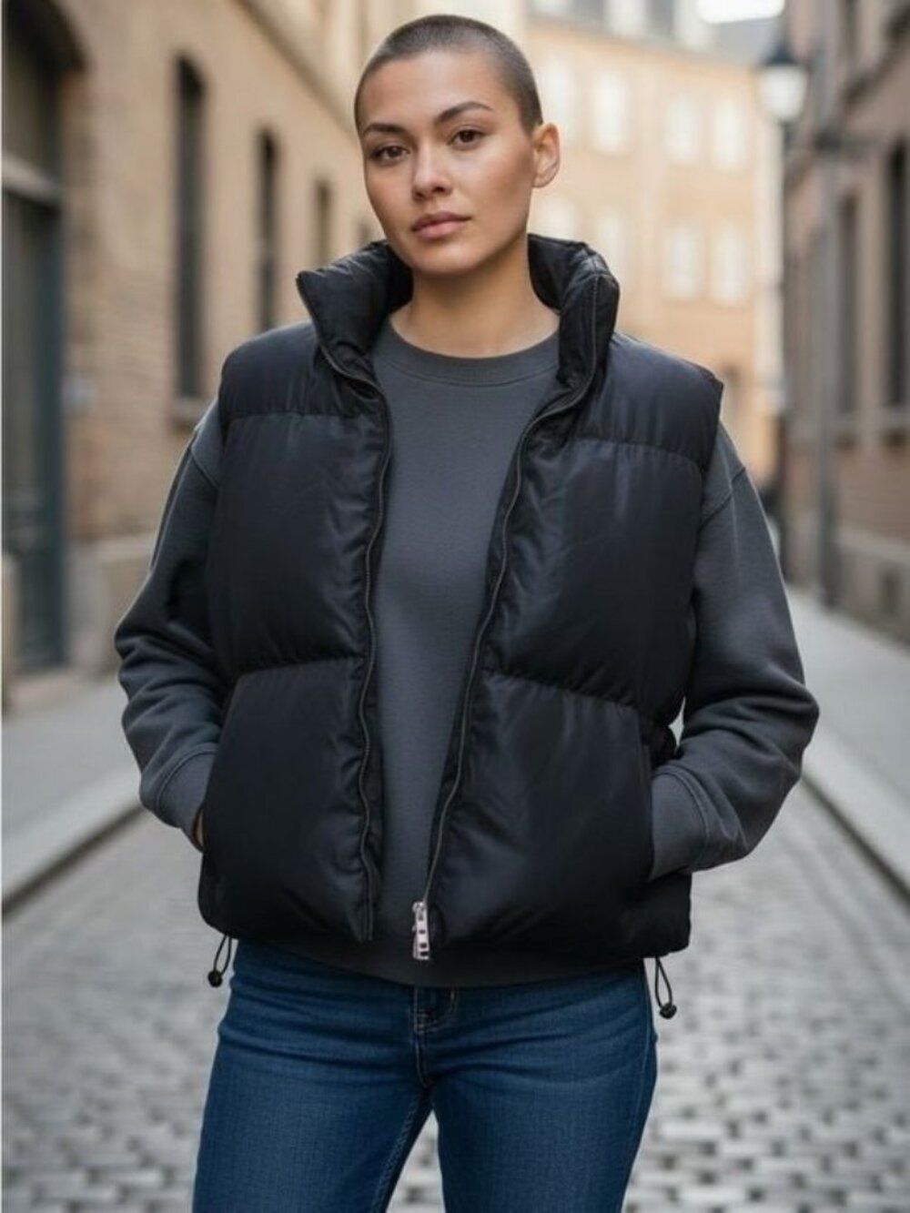 Faded Rose Black Sherpa Lined Puffer Vest Women’s Large Zip Up Cozy Winter Ves